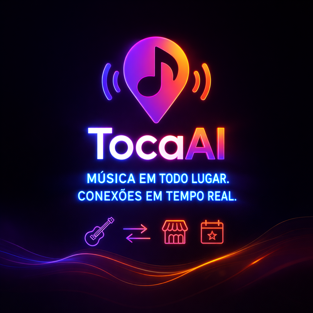Identidade visual do TocaAI com pin musical e slogan da marca.